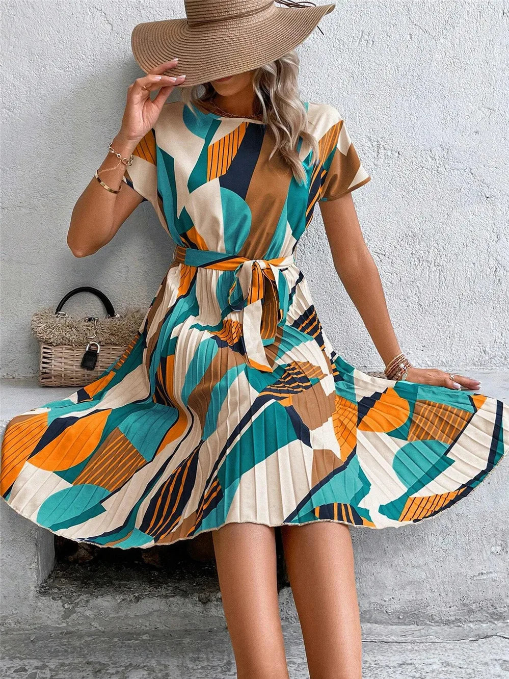 Pleated Print Round Neck A-Line Dress