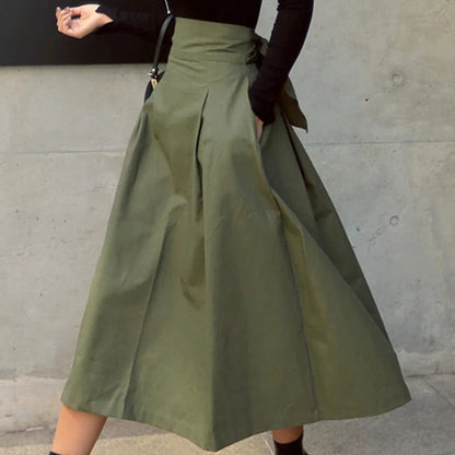 Skirts Womens Korean Fashion Solid Color Big Swing Ladies Skirt Long Skirt 2024 Autumn Wild High Waist Bow Slim Skirts