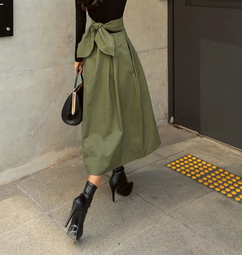 Skirts Womens Korean Fashion Solid Color Big Swing Ladies Skirt Long Skirt 2024 Autumn Wild High Waist Bow Slim Skirts