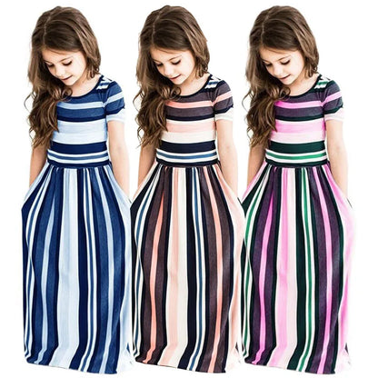 Bohemian Striped Short-sleeved Dress for Girls