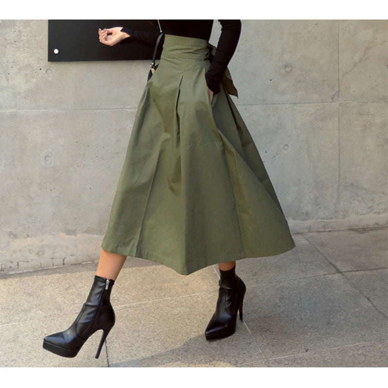 Skirts Womens Korean Fashion Solid Color Big Swing Ladies Skirt Long Skirt 2024 Autumn Wild High Waist Bow Slim Skirts