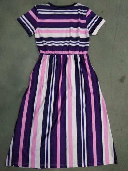 Bohemian Striped Short-sleeved Dress for Girls