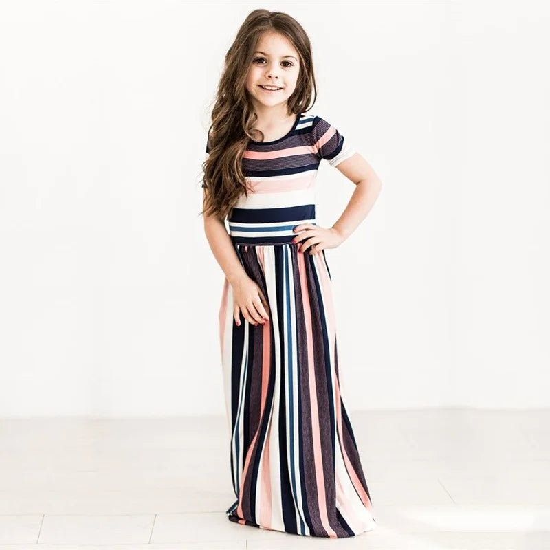 Bohemian Striped Short-sleeved Dress for Girls