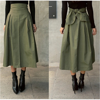 Skirts Womens Korean Fashion Solid Color Big Swing Ladies Skirt Long Skirt 2024 Autumn Wild High Waist Bow Slim Skirts