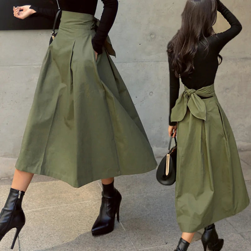 Skirts Womens Korean Fashion Solid Color Big Swing Ladies Skirt Long Skirt 2024 Autumn Wild High Waist Bow Slim Skirts