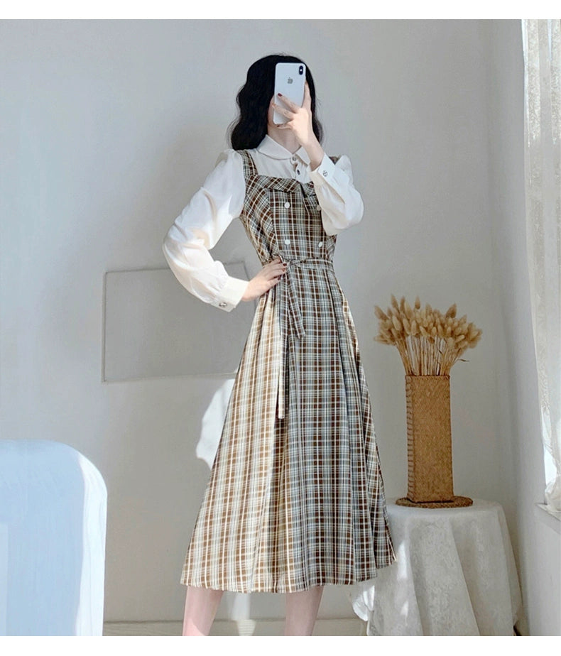 Vintage Elegance Plaid Two-Piece Dress