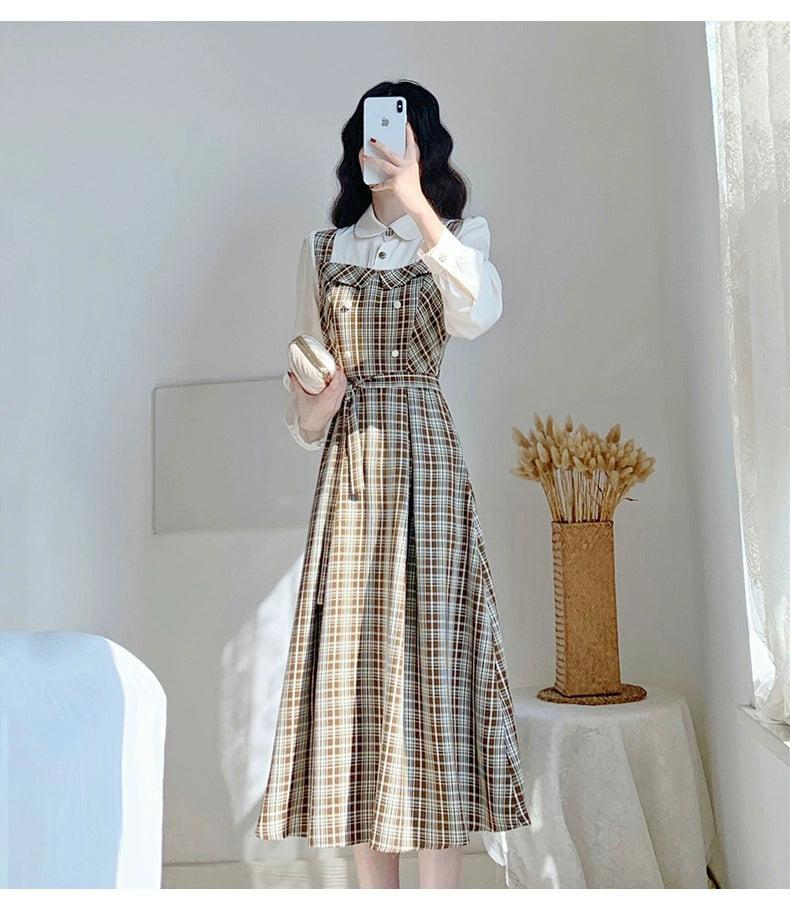 Vintage Elegance Plaid Two-Piece Dress