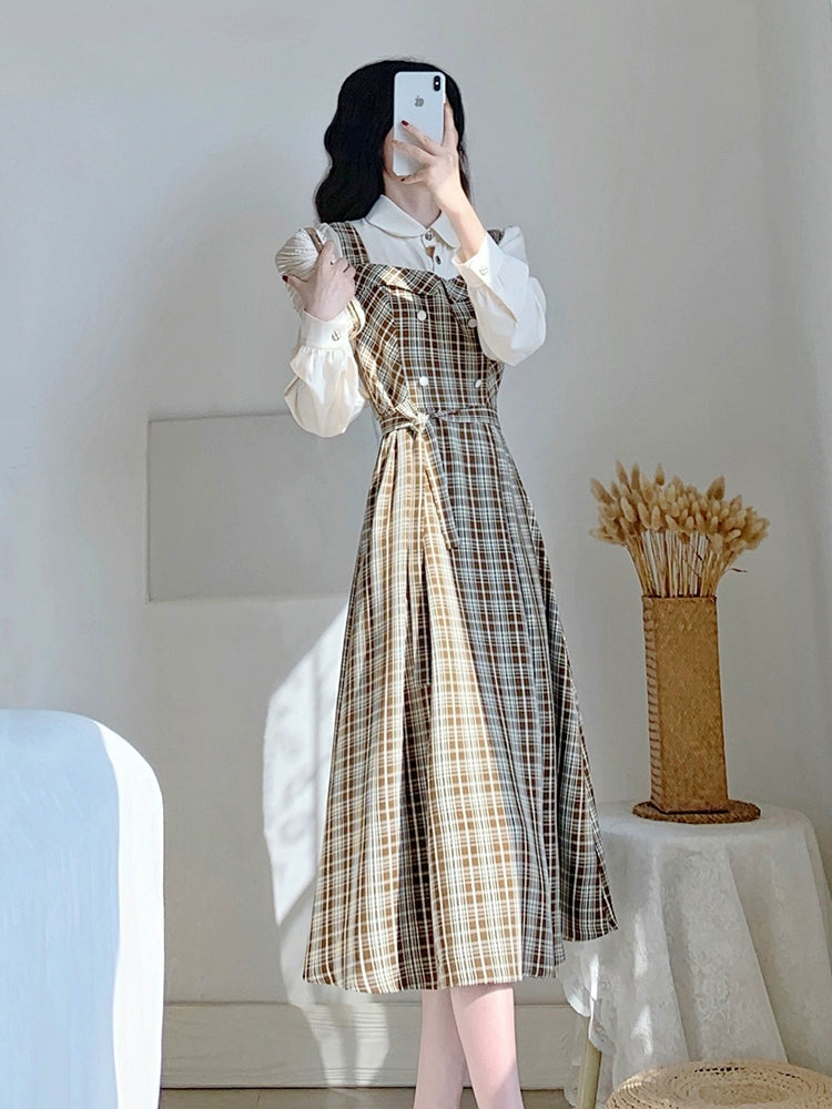 Vintage Elegance Plaid Two-Piece Dress