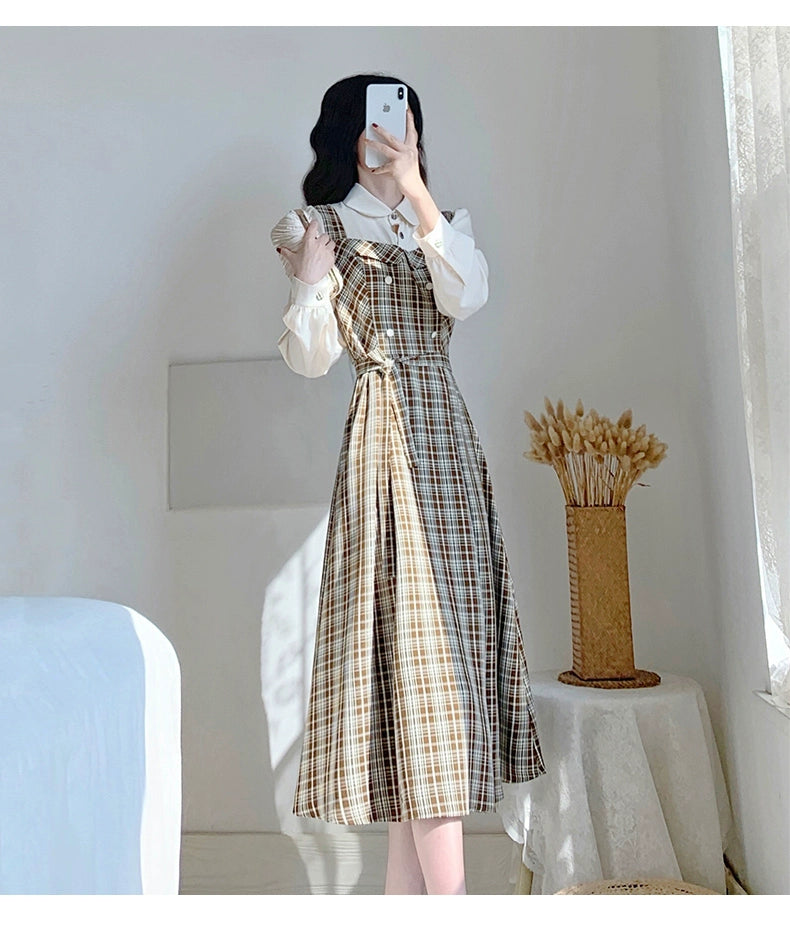 Vintage Elegance Plaid Two-Piece Dress