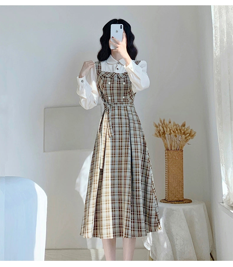 Vintage Elegance Plaid Two-Piece Dress