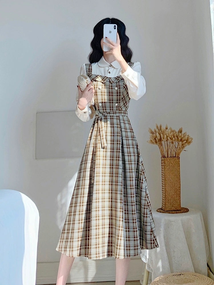 Vintage Elegance Plaid Two-Piece Dress