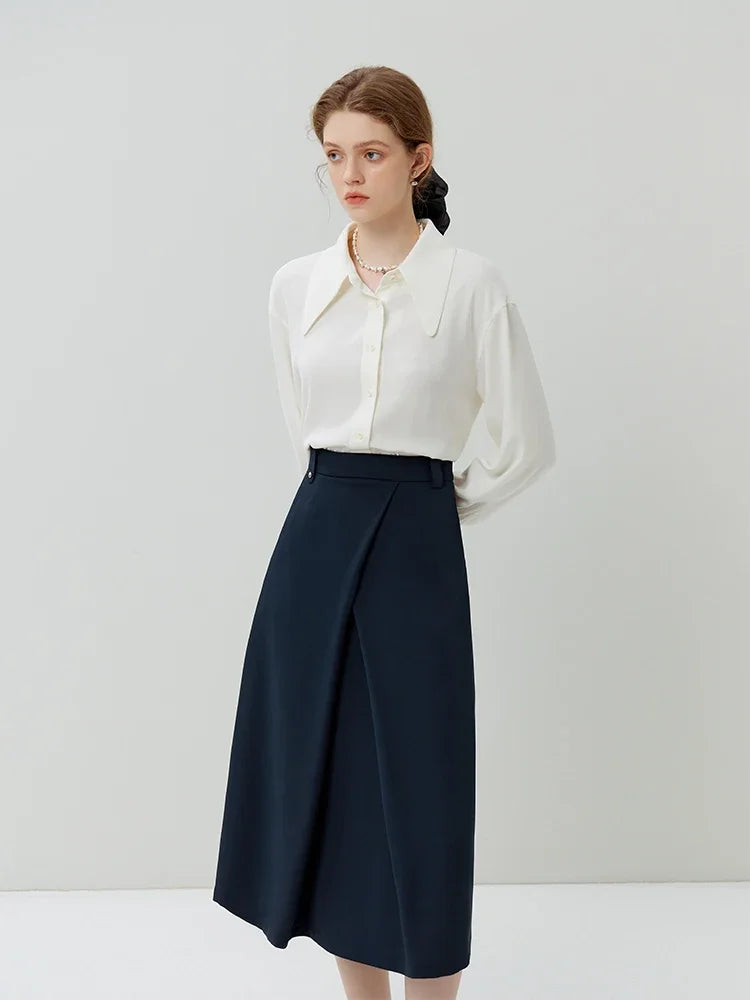 Elegant Asymmetry: High Waist Navy Blue Pleated Skirt