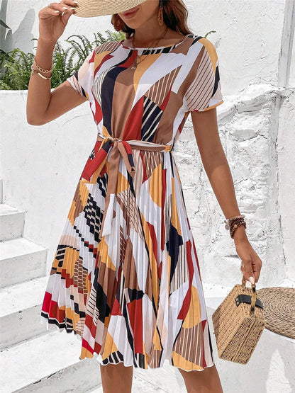 Pleated Print Round Neck A-Line Dress