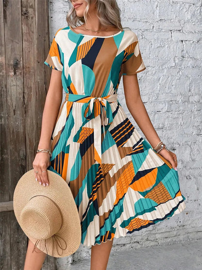 Pleated Print Round Neck A-Line Dress