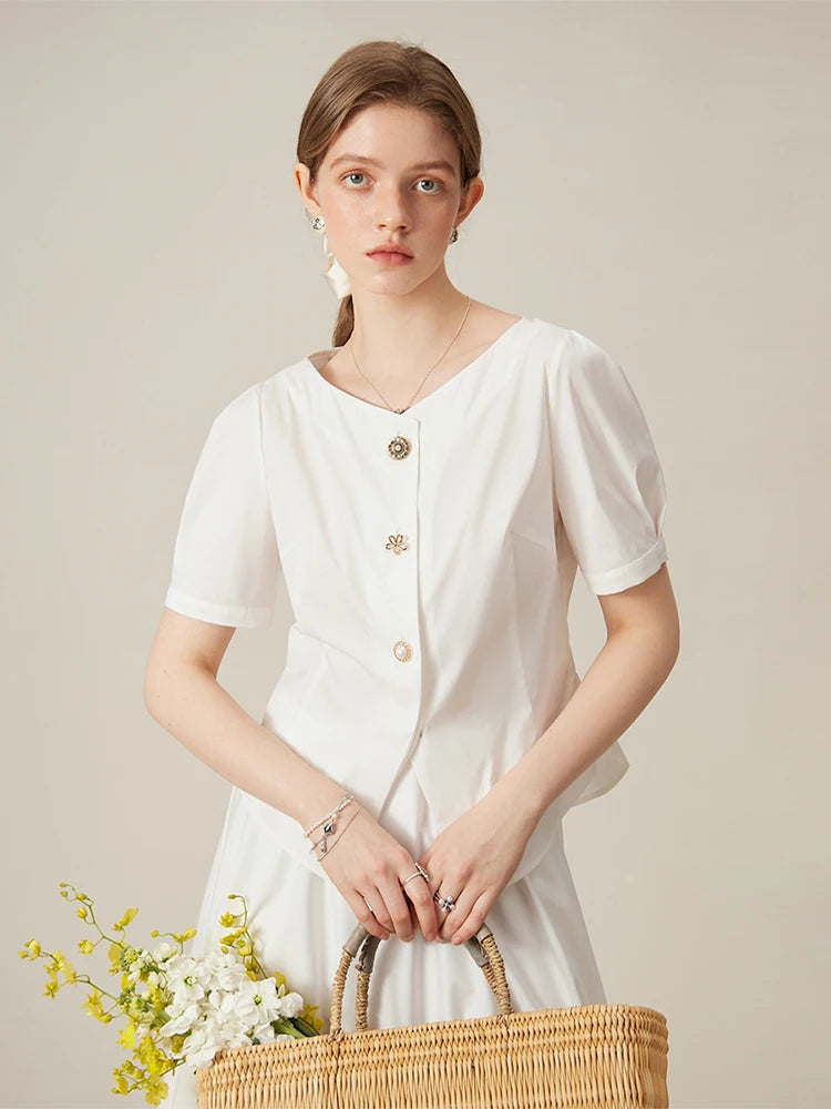 Stylish V-Neck White Blouse with Puff Sleeves