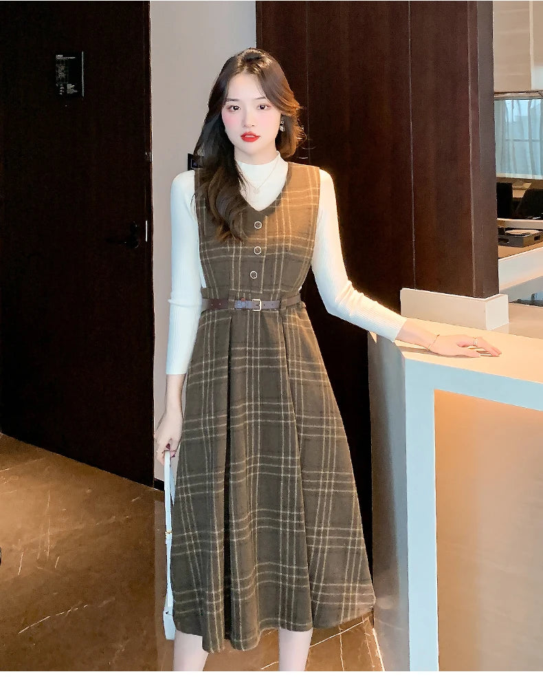 Autumn Elegance: Knitted Pullover and Tweed Plaid Dress Ensemble