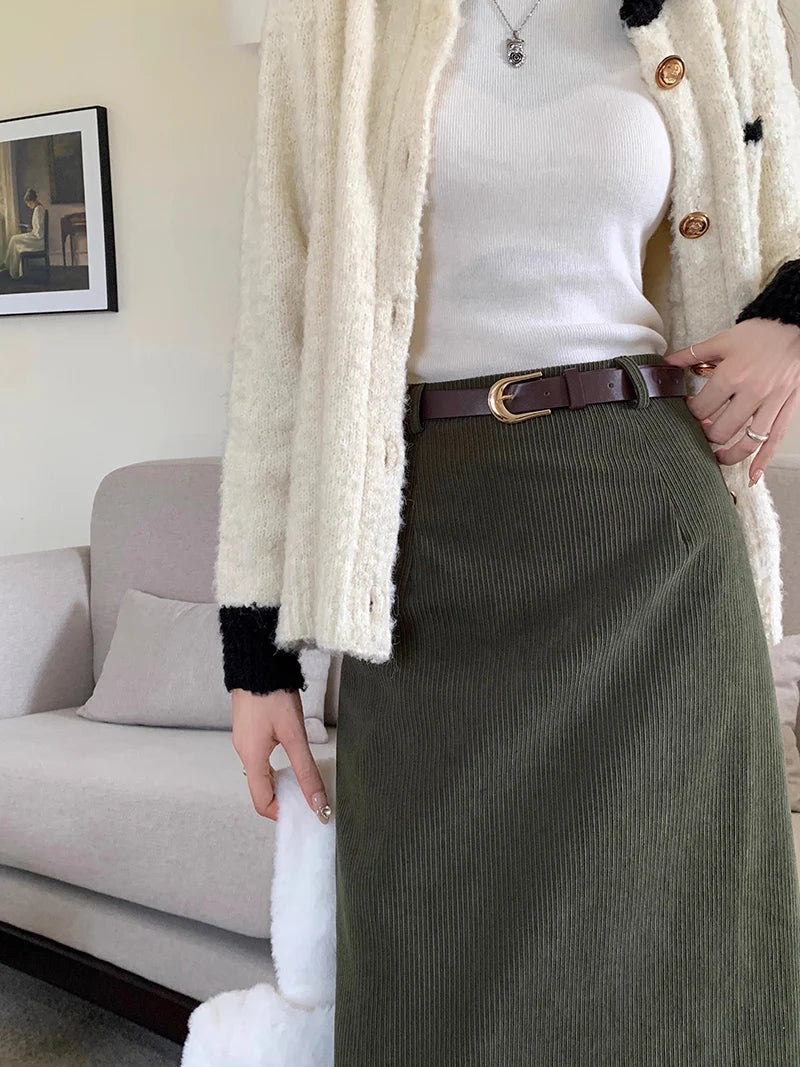 Chic Vintage Corduroy Skirt Ensemble