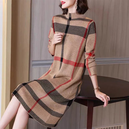 Classic Charm: Striped High Collar Wool Dress