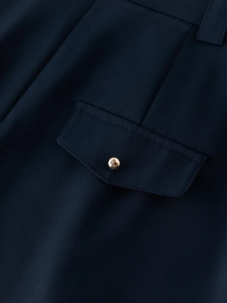 Elegant Asymmetry: High Waist Navy Blue Pleated Skirt