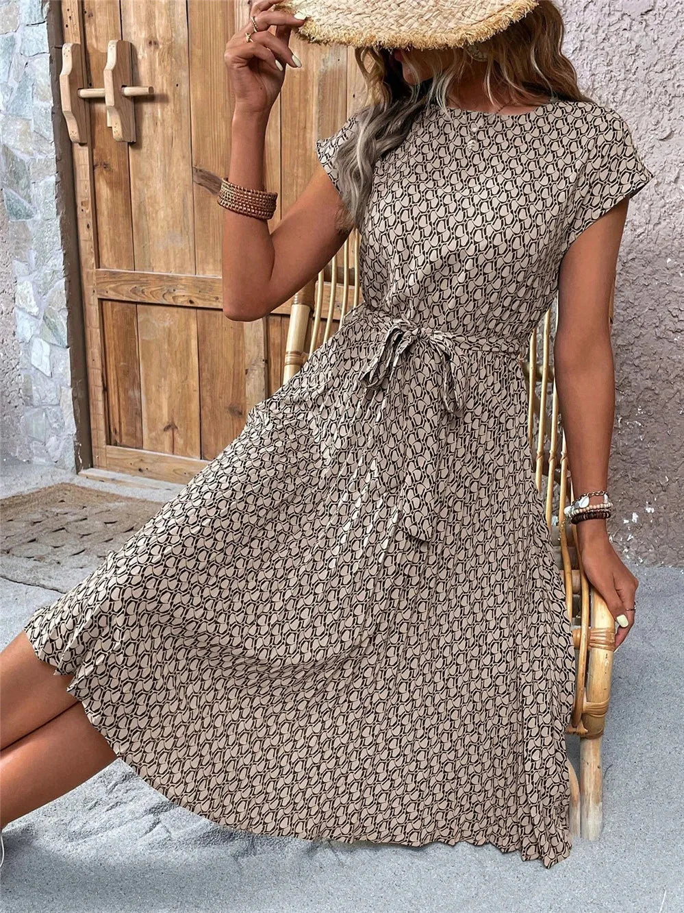 Pleated Print Round Neck A-Line Dress