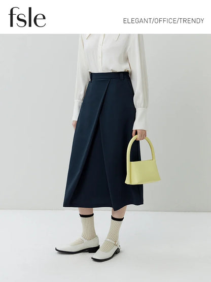 Elegant Asymmetry: High Waist Navy Blue Pleated Skirt