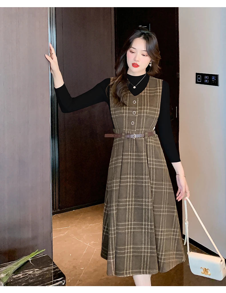 Autumn Elegance: Knitted Pullover and Tweed Plaid Dress Ensemble