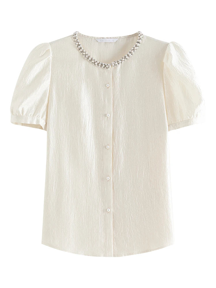 Elegant Commuter Blouse: French Style Short Sleeve with Bead Detail