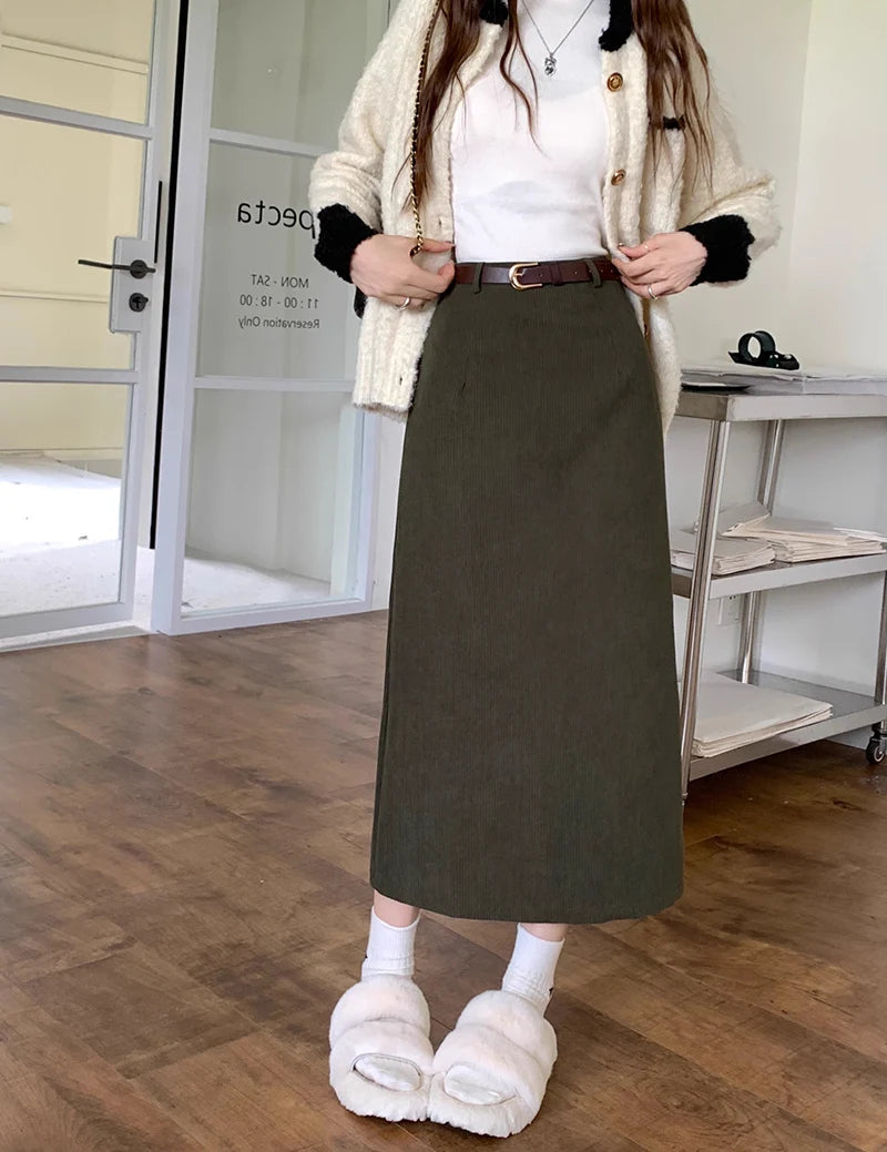 Chic Vintage Corduroy Skirt Ensemble