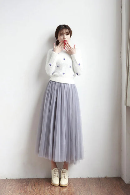 2024 Autumn Winter Vintage Tulle Skirt Women Elastic High Waist Mesh Skirts Long Pleated Tutu Skirt Female