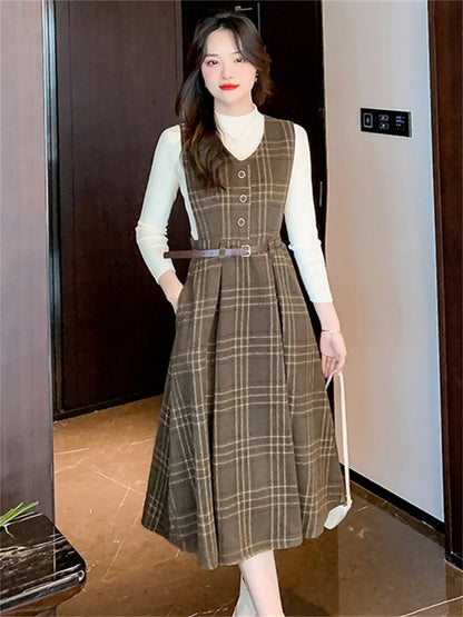 Autumn Elegance: Knitted Pullover and Tweed Plaid Dress Ensemble