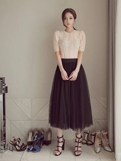 2024 Autumn Winter Vintage Tulle Skirt Women Elastic High Waist Mesh Skirts Long Pleated Tutu Skirt Female