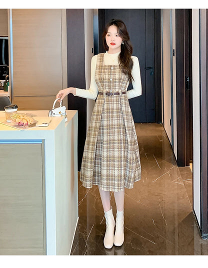 Autumn Elegance: Knitted Pullover and Tweed Plaid Dress Ensemble