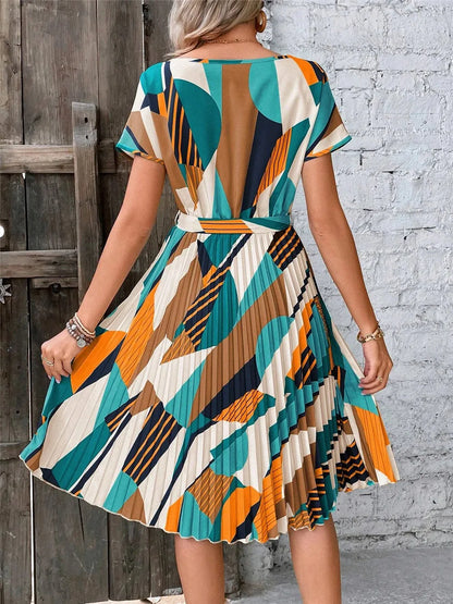 Pleated Print Round Neck A-Line Dress