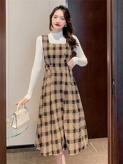 Autumn Elegance: Knitted Pullover and Tweed Plaid Dress Ensemble