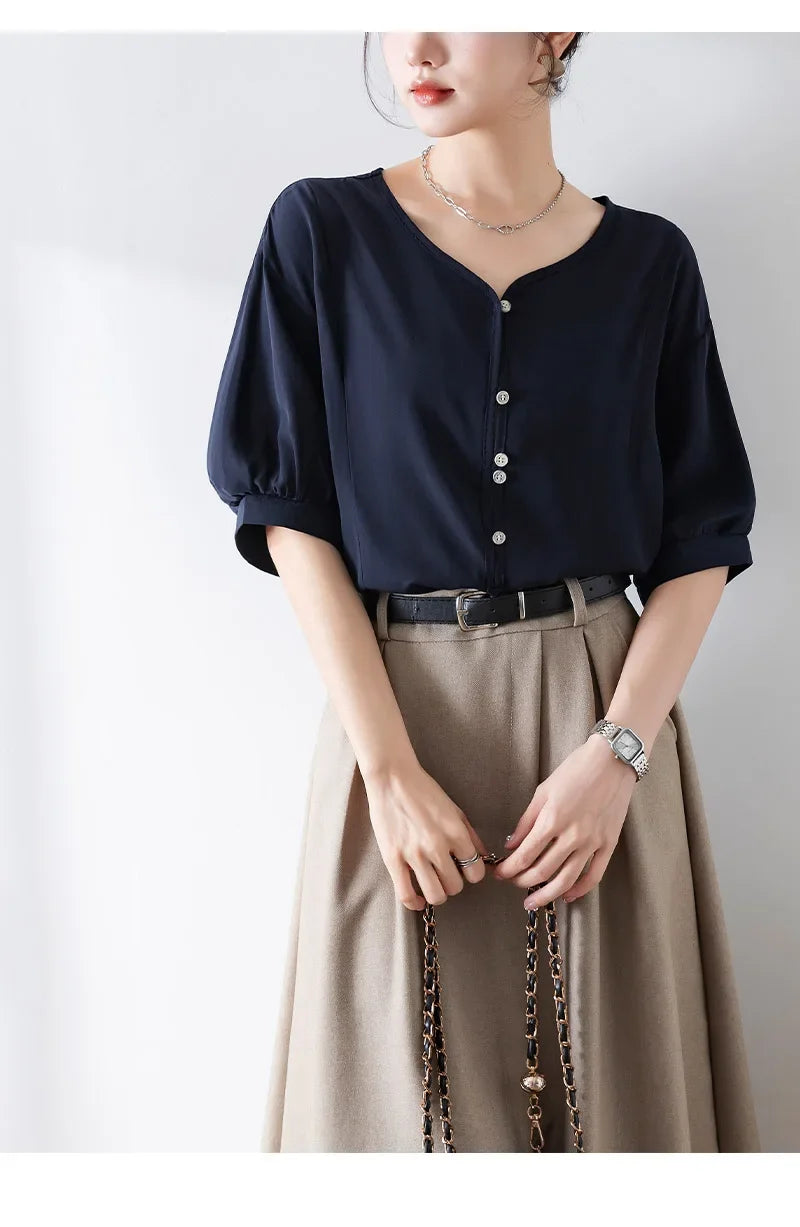 Summer Elegance: French Loose-Fit Blouse for Women