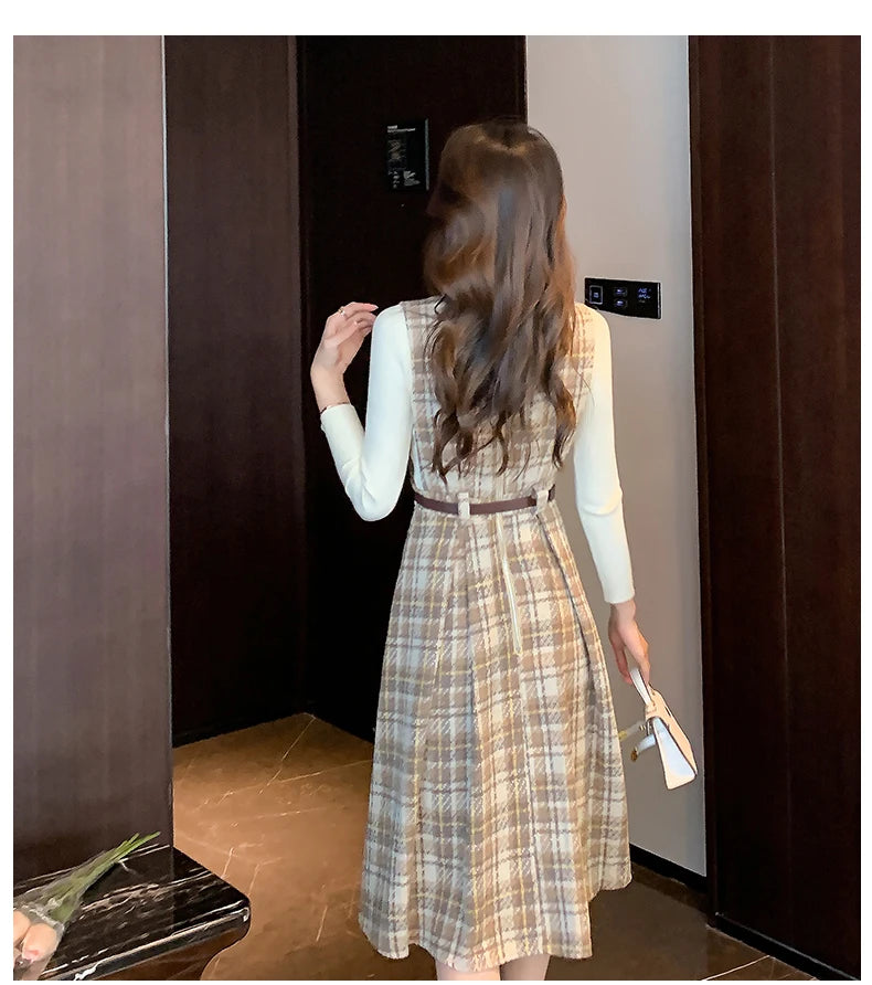 Autumn Elegance: Knitted Pullover and Tweed Plaid Dress Ensemble