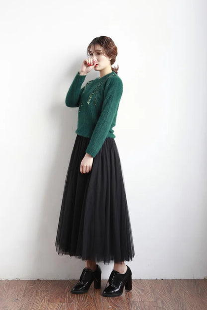 2024 Autumn Winter Vintage Tulle Skirt Women Elastic High Waist Mesh Skirts Long Pleated Tutu Skirt Female