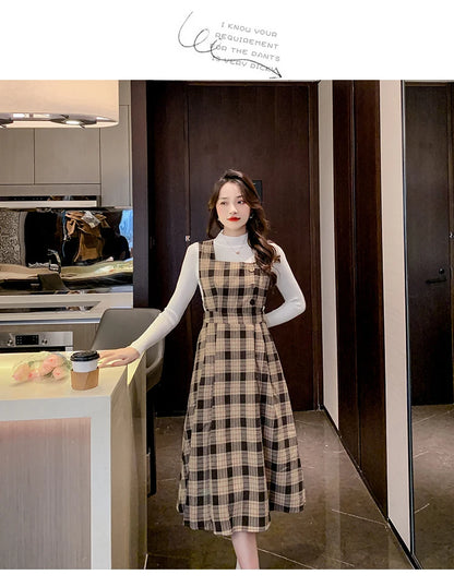 Autumn Elegance: Knitted Pullover and Tweed Plaid Dress Ensemble