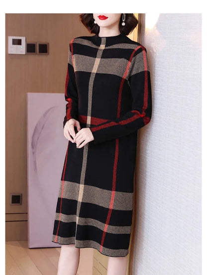 Classic Charm: Striped High Collar Wool Dress