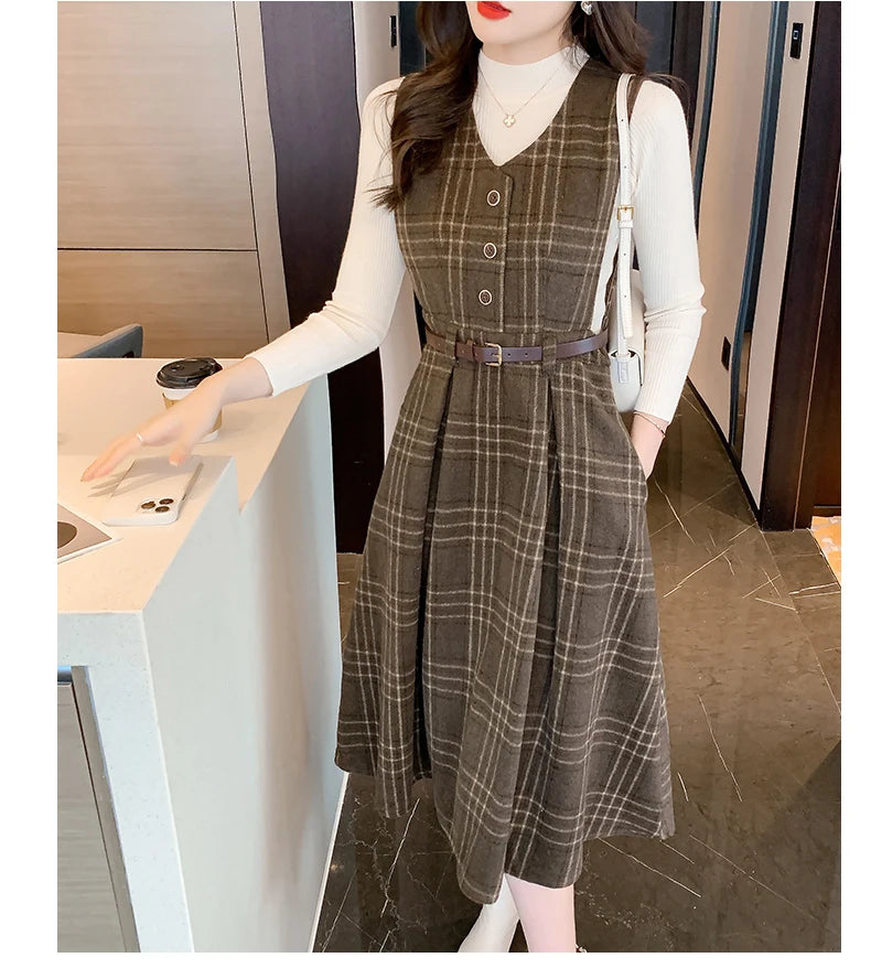 Autumn Elegance: Knitted Pullover and Tweed Plaid Dress Ensemble