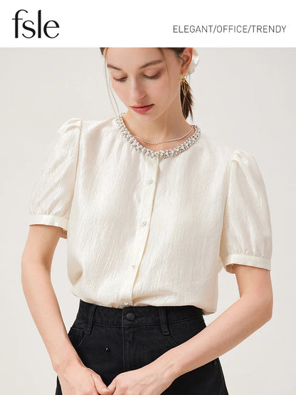 Elegant Commuter Blouse: French Style Short Sleeve with Bead Detail