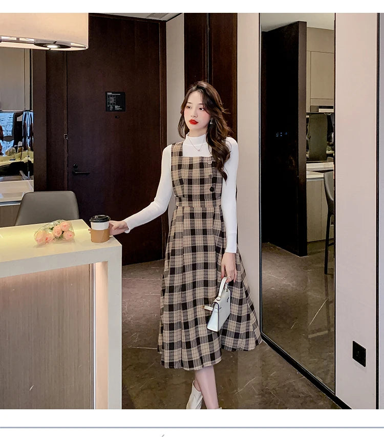 Autumn Elegance: Knitted Pullover and Tweed Plaid Dress Ensemble