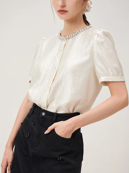 Elegant Commuter Blouse: French Style Short Sleeve with Bead Detail