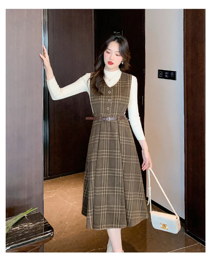 Autumn Elegance: Knitted Pullover and Tweed Plaid Dress Ensemble