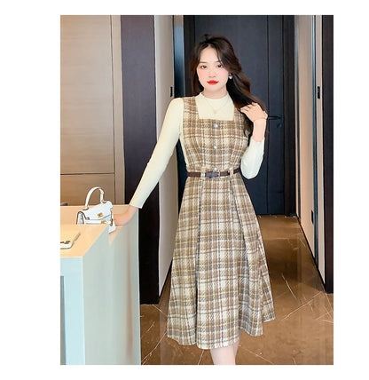 Autumn Elegance: Knitted Pullover and Tweed Plaid Dress Ensemble