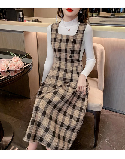 Autumn Elegance: Knitted Pullover and Tweed Plaid Dress Ensemble