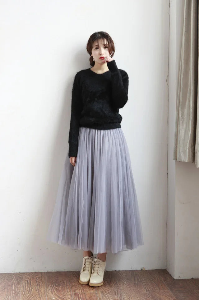 2024 Autumn Winter Vintage Tulle Skirt Women Elastic High Waist Mesh Skirts Long Pleated Tutu Skirt Female