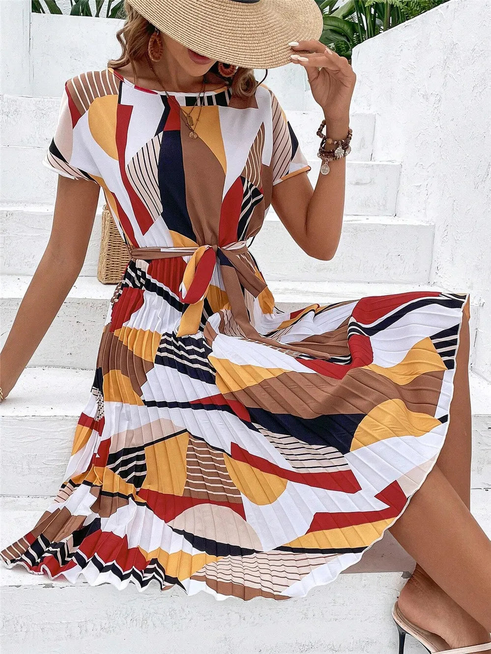 Pleated Print Round Neck A-Line Dress