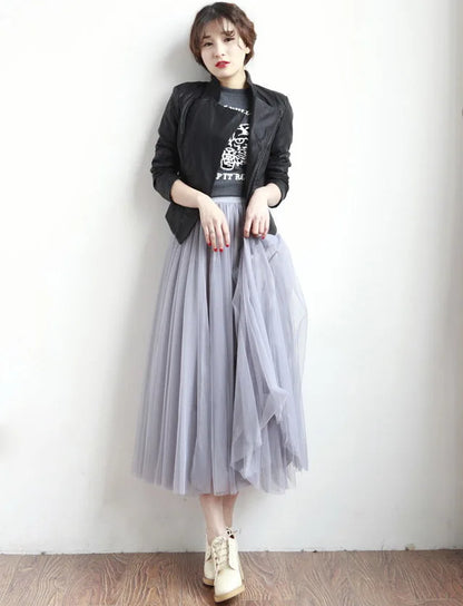 2024 Autumn Winter Vintage Tulle Skirt Women Elastic High Waist Mesh Skirts Long Pleated Tutu Skirt Female