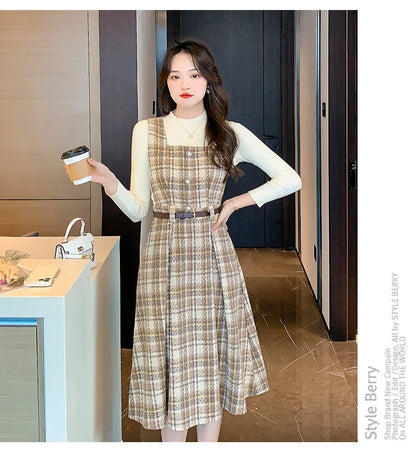 Autumn Elegance: Knitted Pullover and Tweed Plaid Dress Ensemble